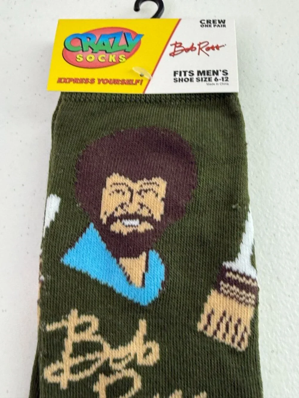 Bob Ross Mens Crew Socks Green Paint Brush Artist Novelty Shoe Size 6-12 New